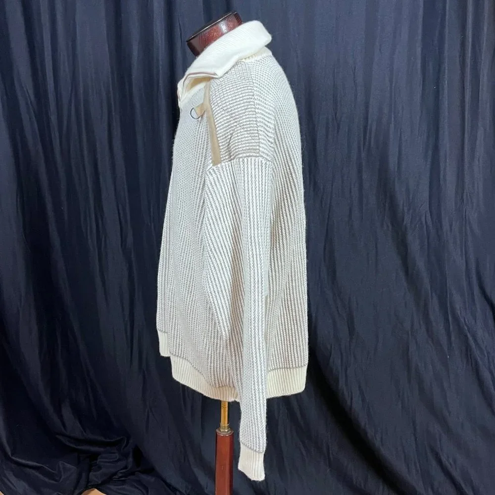 Men's Sweater Argentina Knit Leather Patches 1/8 Zip Size‎ L Off White Cream XL